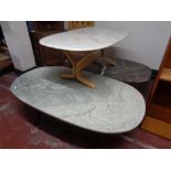 Three oval composite topped tables on pedestals