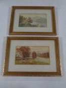 Two J Henry watercolours, sheep grazing with dwellings beyond,