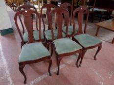 A set of six stained oak dining chairs on cabriole legs