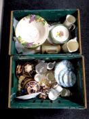 Two boxes containing antique and later ceramics to include Imari teaware,