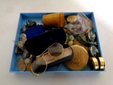 A box containing miscellaneous to include costume jewellery, metal animal figures, pill boxes,