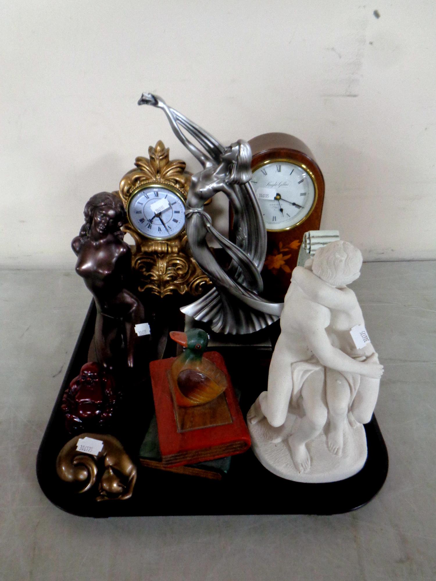 A tray of contemporary ornaments and mantel clocks : Julianna,