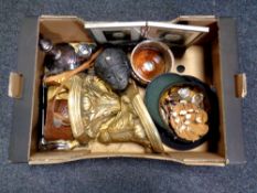 A box containing miscellaneous to include silver plated and oak wine coaster,