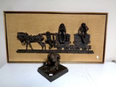 A Robert Olley relief plaque depicting a horse drawn mining cart with three miners,