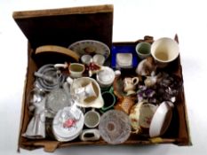 A box containing assorted ceramics and glassware to include Ringtons caddy, Spanish figurine,