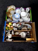 Two boxes containing miscellaneous to include stainless steel cutlery, picture frames,