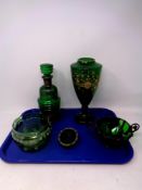 A tray containing five pieces of 19th century green glass to include a liqueur decanter, vase,