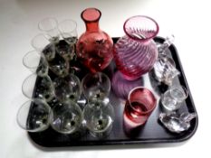 A tray containing antique and later glassware to include hand painted cranberry glass vase and