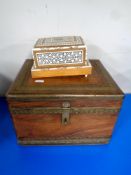 An eastern mahogany brass bound table box together with a tourist cigarette box