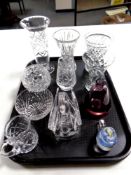 A tray of assorted glass ware : vases, milk jug,