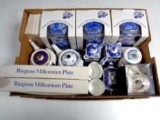 A box containing a quantity of boxed and unboxed Ringtons ceramics to include Millennium jars,
