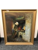 Continental school : A lady cooking by a fire, oil on canvas,