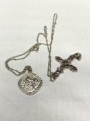 A silver St Christopher pendant on chain together with an amethyst and silver crucifix