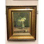 Phoebe Tulloh : Still life with yellow flowers in a green vase, oil on board, signed, 21 x 16 cm,