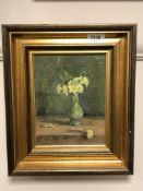 Phoebe Tulloh : Still life with yellow flowers in a green vase, oil on board, signed, 21 x 16 cm,