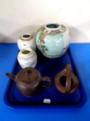 A tray containing oriental ceramics to include three ginger jars (no lids) together with two