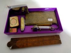 A box containing miscellaneous to include Rabone folding wooden rule, pocket knives,