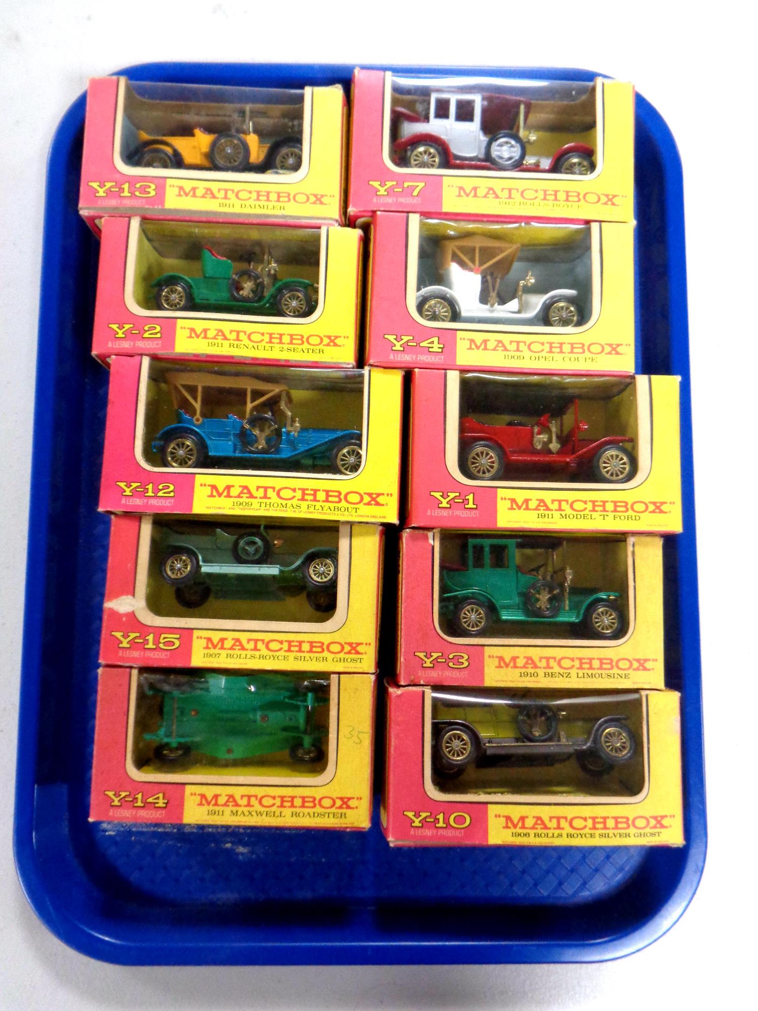 A tray containing ten Matchbox die cast classic cars,