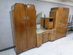 A five piece 20th century walnut bedroom suite comprising of lady's and gent's wardrobe,