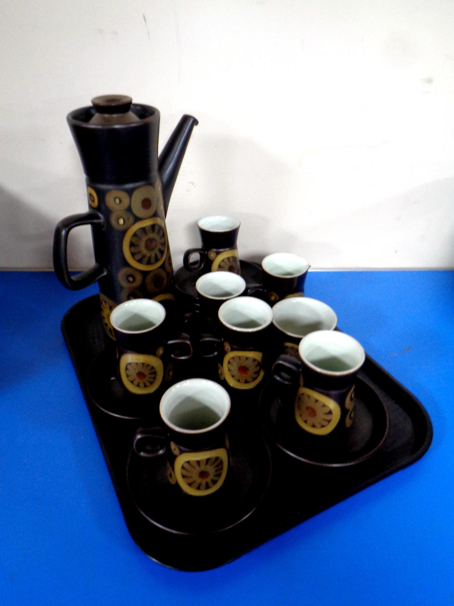 A tray containing a 15 piece Denby pottery coffee service