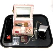 A tray containing gold and costume jewellery including 9ct gold crucifix, St Christopher pendant,