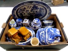 A box containing assorted ceramics to include 19th century and later willow patterned china,
