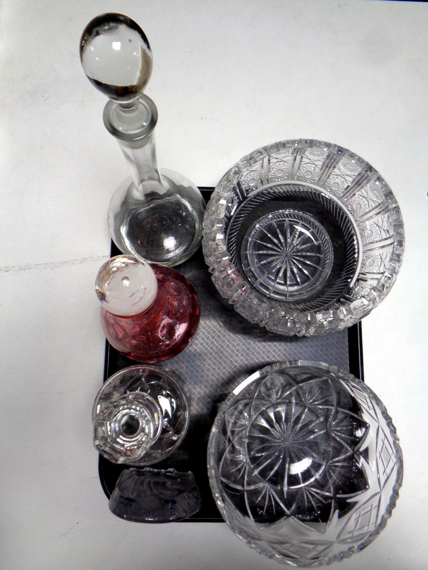 A tray of 20th century glass ware : bowls, decanters,