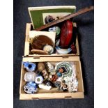 Two boxes containing miscellaneous to include crackle glaze lidded pot,