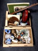 Two boxes containing miscellaneous to include crackle glaze lidded pot,