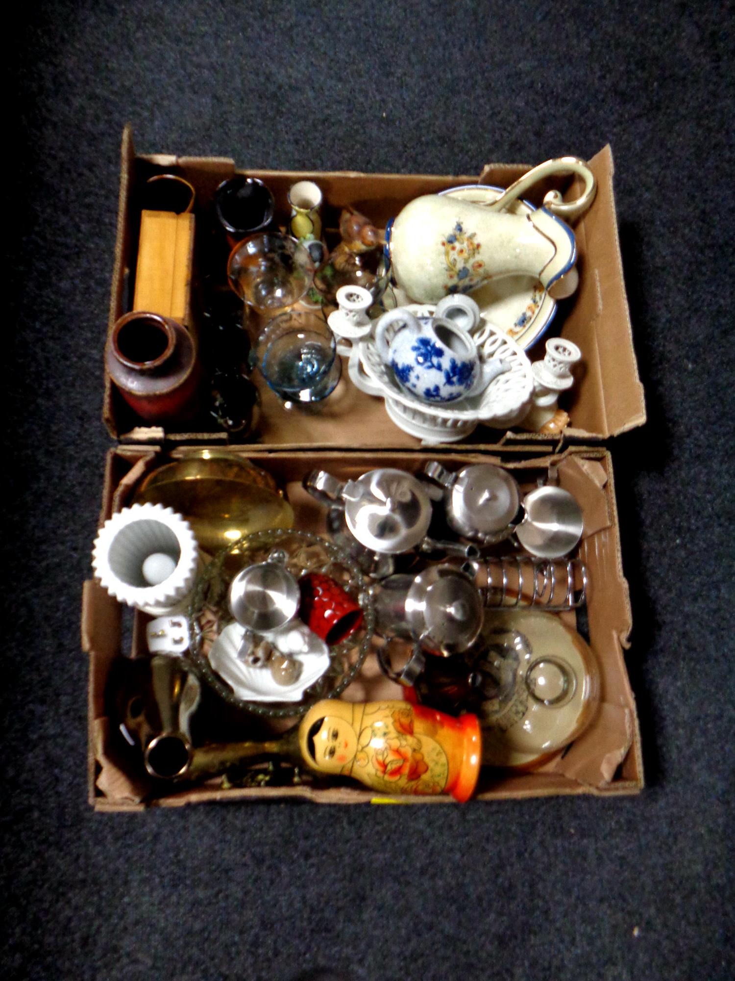Two boxes containing miscellaneous to include a hand painted Portuguese wash jug and basin,