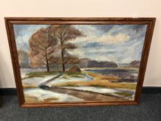 Continental school : Trees by a lake, oil on canvas,