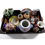 A box containing antique and later oriental ceramics to include Imari plate, Japanese satsuma vase,