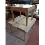 A blonde oak lamp table together with a heavy pine flap sided coffee table