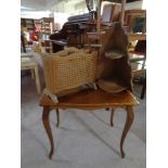 A walnut and beech occasional table on cabriole legs together with an oak corner wall shelf and an