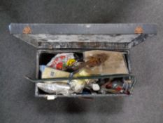 A joiner's tool box of hand tools, crow bar,