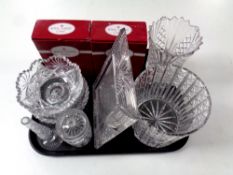 A tray containing 20th century and later cut glass and crystal to include two boxed pairs of Royal