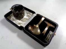 A silver Art Nouveau napkin ring together with a silver baby spoon and push