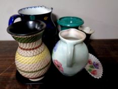 A tray containing antique and later ceramics to include a Maling oversized jug, pattern no.