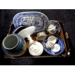 A box containing antique and later ceramics to include a 19th century blue and white willow