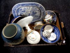 A box containing antique and later ceramics to include a 19th century blue and white willow