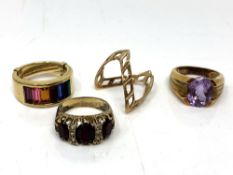 A 9ct gold ring (a/f) together with three costume rings.