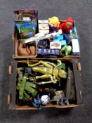 Two boxes containing assorted toys to include action figures,