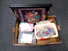 A box containing a quantity of haberdashery items to include threads and material