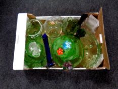 A box containing a quantity of 20th century and later glassware to include green glass fruit bowls