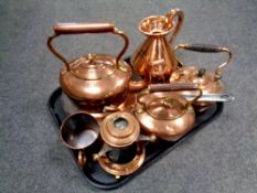 A tray containing antique and later copper wares to include Victorian copper teapots, tankard,