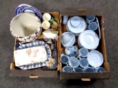 Two boxes containing assorted ceramics to include a Johnson Brothers tea service,