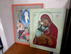 A pair of religious pictures on wooden panels