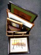 A box containing a large quantity of assorted pictures and prints, framed etched copper panels,