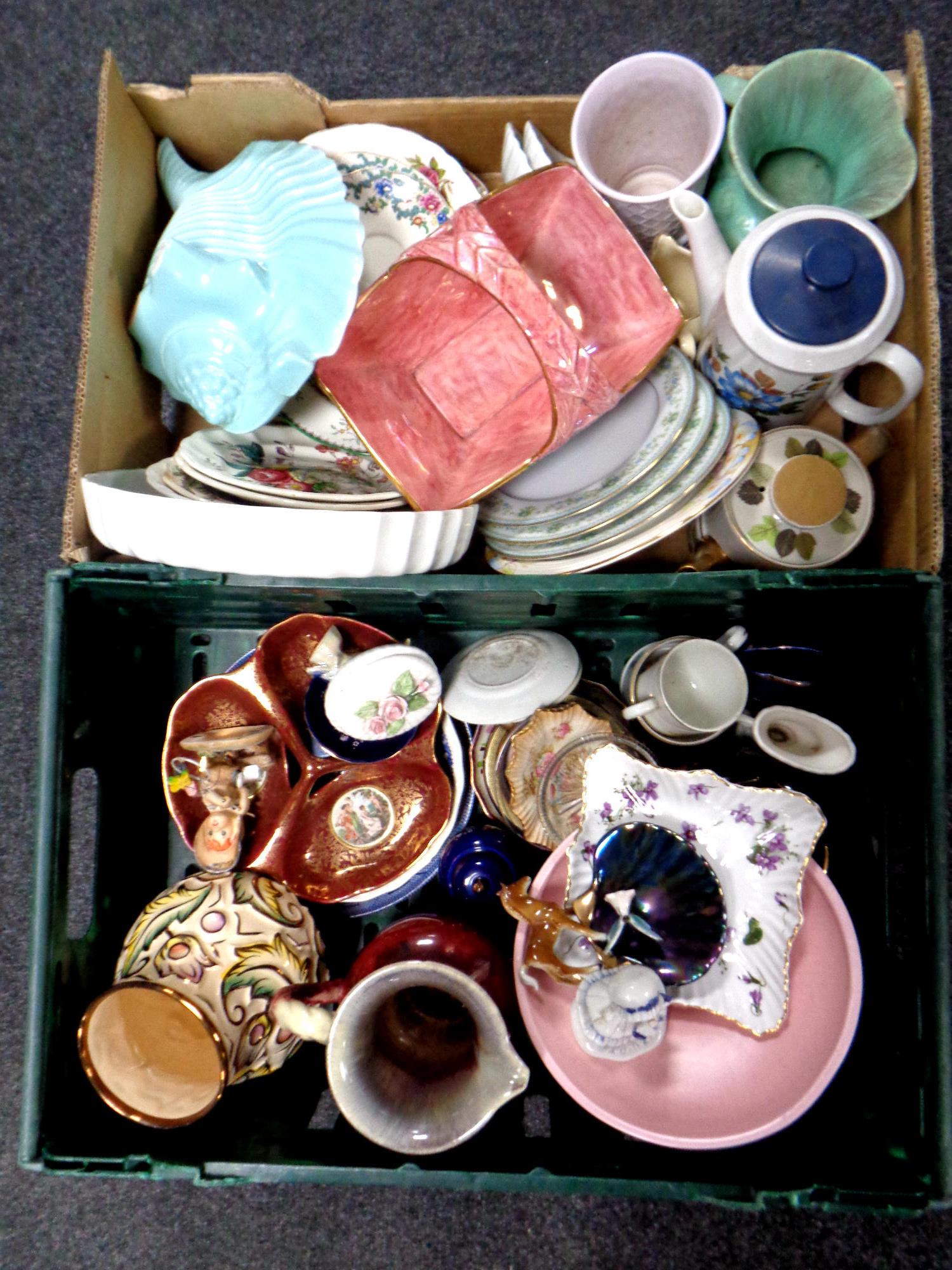 A basket and a box containing assorted 20th century ceramics to include lustre basket, teapot,