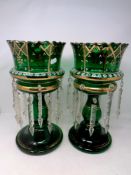 A pair of 19th century green glass lustre's with drops
